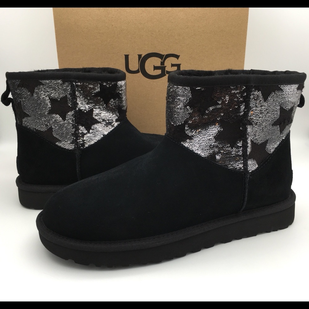 NEW UGG Classic Mini Sequin Stars Boots Black, 1109441 Women's Size 8